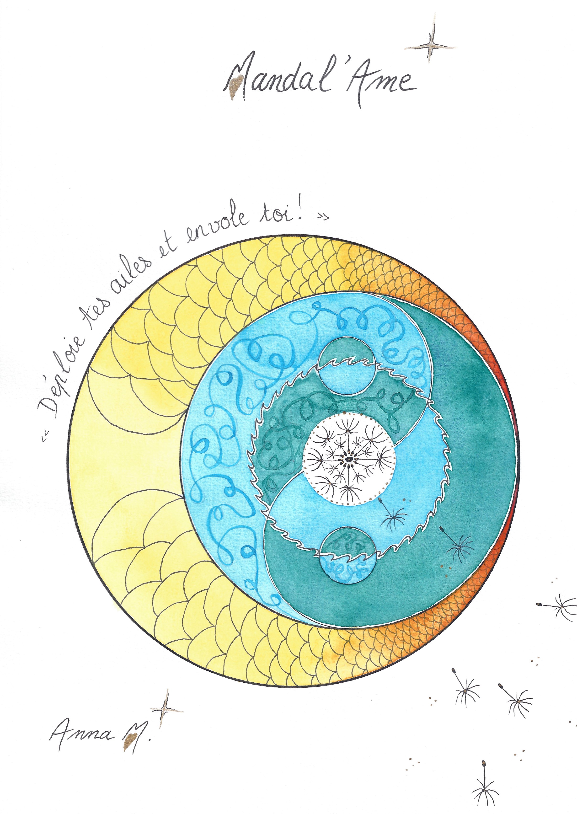 Mandala en forme de lune et yin yang bleu et vert