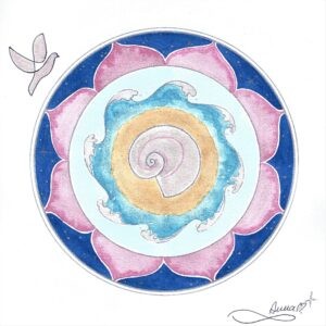 Mandal'Ame bleu et rose, nuit étoilée, lotus, mer et coquillage Anne Emme