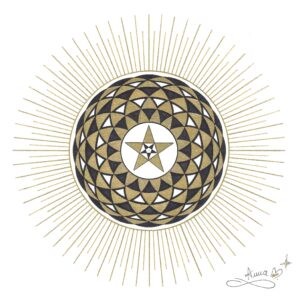 Mandal'Ame et géométrie sacrée, noir, blanc et or, pentagramme, tore et rayonnement Anna Emme