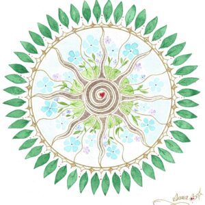 Mandal'Ame vert, bleu et or, feuilles, fleurs et soleil Anna Emme